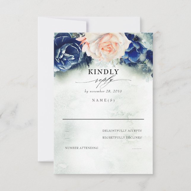 Peach and Navy Blue Floral Wedding RSVP (Front)
