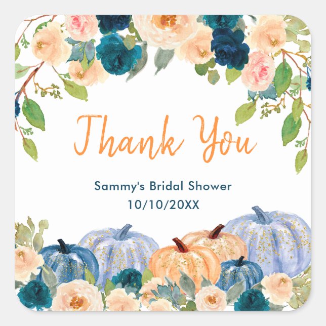 Peach and Navy Blue Pumpkins Baby Shower Thank You Square Sticker (Front)