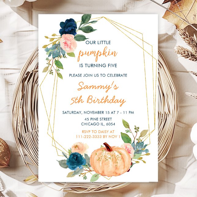 Peach and Navy Blue Pumpkins Birthday Party Invitation (Creator Uploaded)