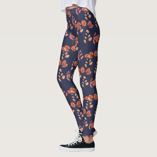 Peach and Navy Modern Floral Pattern Leggings (Left)