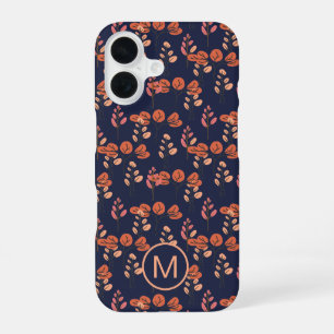 Peach and Navy Modern Floral Pattern Monogram iPhone 16 Case