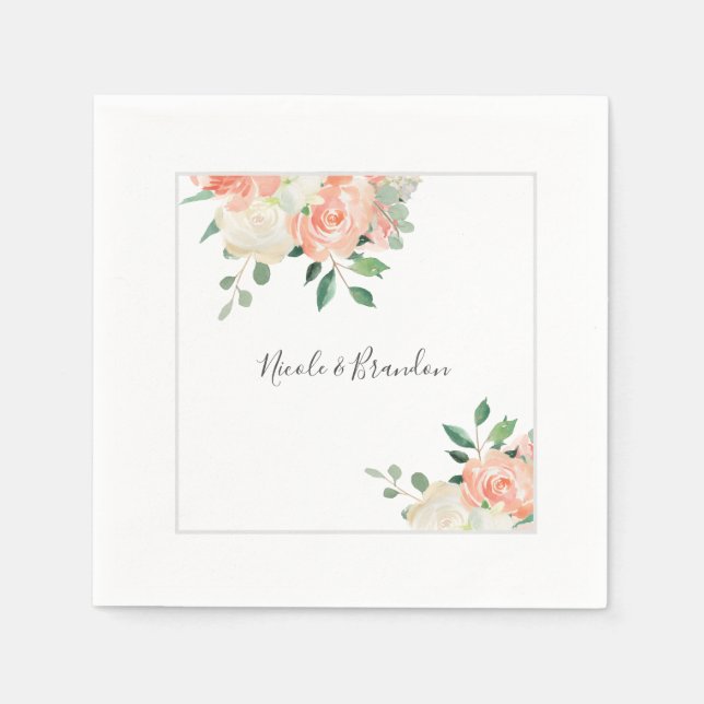 Peach and Off-White Watercolor Floral Wedding Napkin (Front)