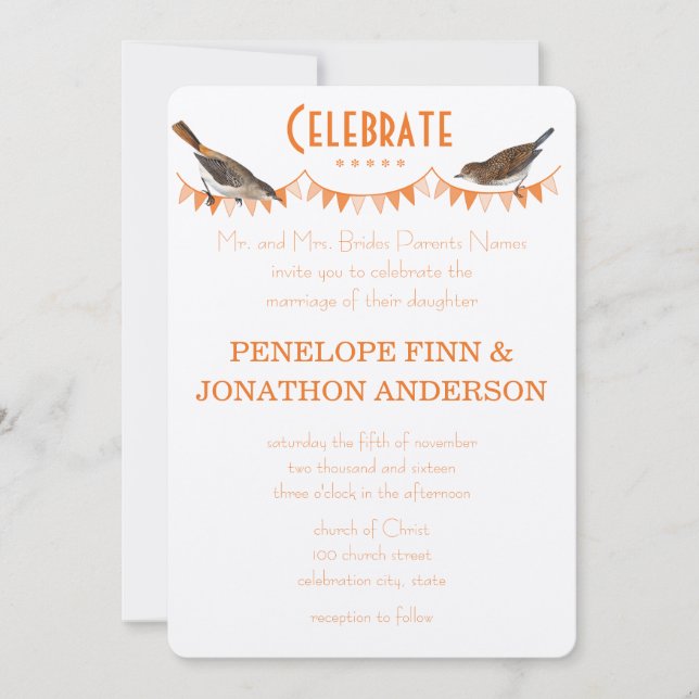Peach and Orange Bunting Wedding Invitations (Front)