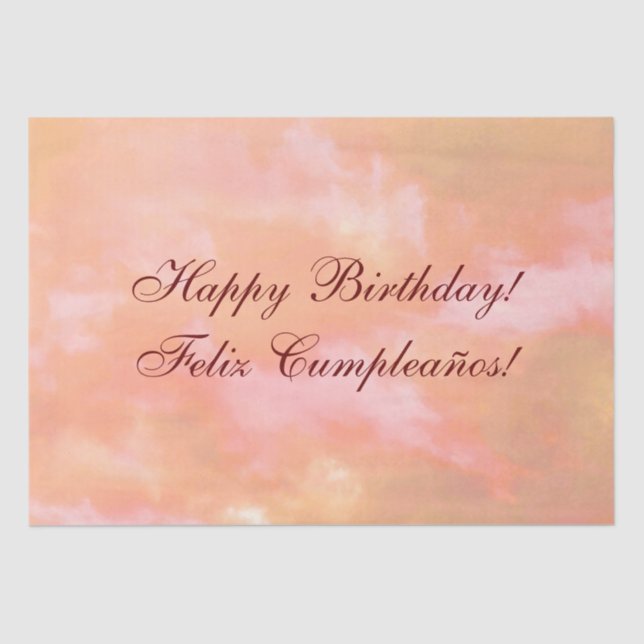 Peach and Pink Clouds Bilingual "Feliz Cumpleaños" Tissue Paper (Front)
