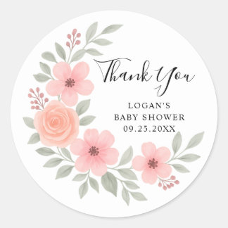 Peach and Pink Floral Crescent Thank You Favour Classic Round Sticker