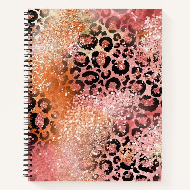 Peach and Pink Glitter Leopard Print Notebook (Front)