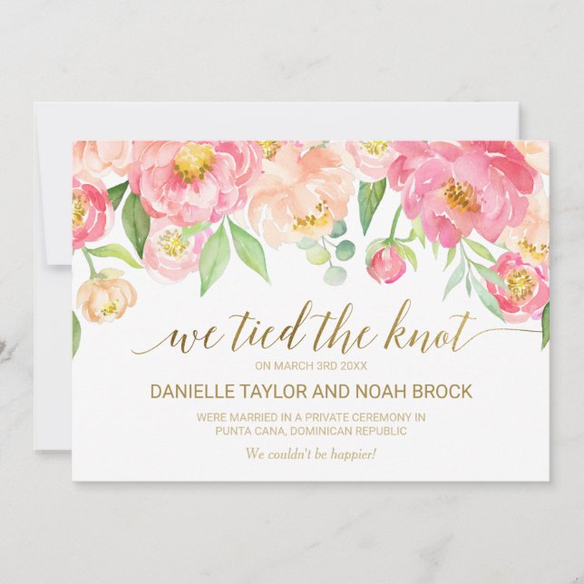 Peach and Pink Peony Flower Elopement Announcement (Front)
