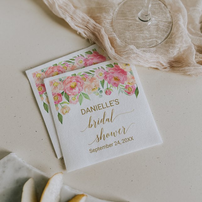 Peach and Pink Peony Flowers Bridal Shower Napkin (Creator Uploaded)