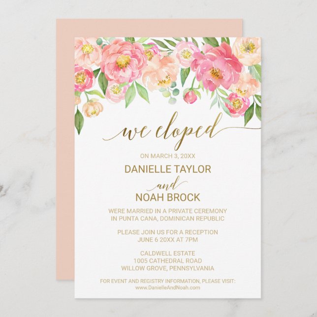 Peach and Pink Peony Flowers Elopement Reception Invitation (Front/Back)