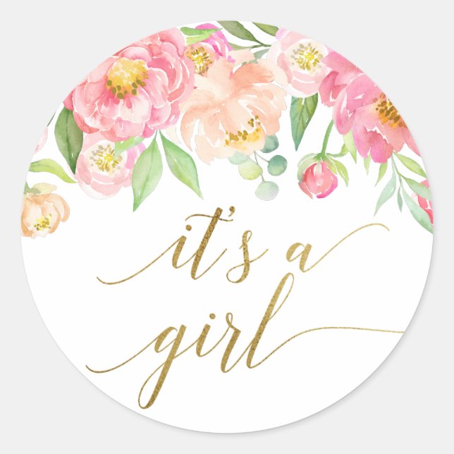 Peach and Pink Peony Flowers It's A Girl Favour Classic Round Sticker (Front)