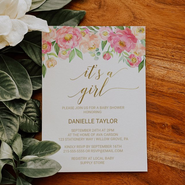 Peach and Pink Peony Flowers It's A Girl Invitation (Creator Uploaded)