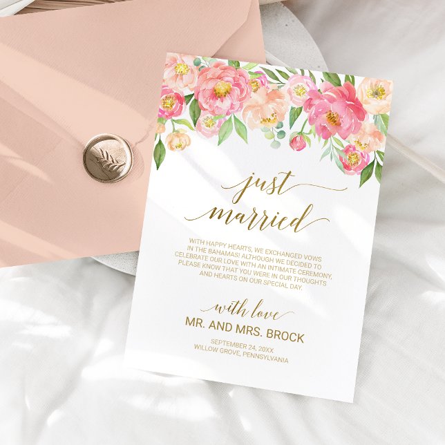 Peach and Pink Peony Flowers Just Married Marriage Announcement (Creator Uploaded)