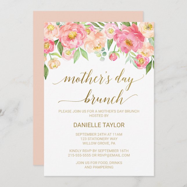 Peach and Pink Peony Flowers Mother's Day Brunch Invitation (Front/Back)