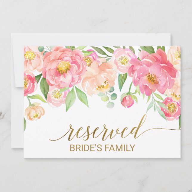 Peach and Pink Peony Flowers "Reserved" Sign Invitation (Front)