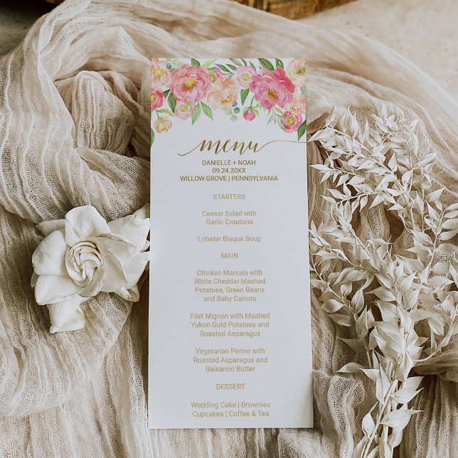 Peach and Pink Peony Flowers Wedding Menu Card (Creator Uploaded)