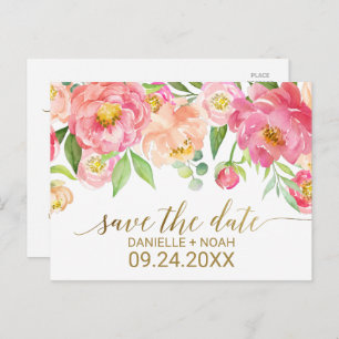 Peach and Pink Peony Flowers Wedding Save the Date Announcement Postcard