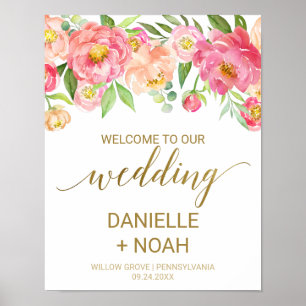 Peach and Pink Peony Flowers Wedding Welcome Poster