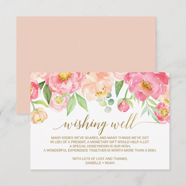 Peach and Pink Peony Flowers Wedding Wishing Well Enclosure Card (Front/Back)