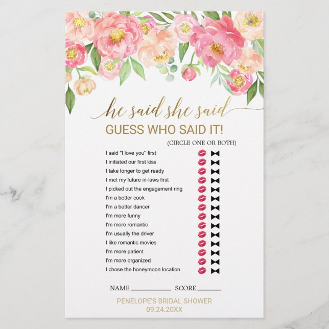 Peach and Pink Peony "He Said She Said" Game (Front)