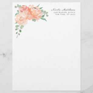 Peach and Pink Watercolor Floral Personalised Personalized Letterhead