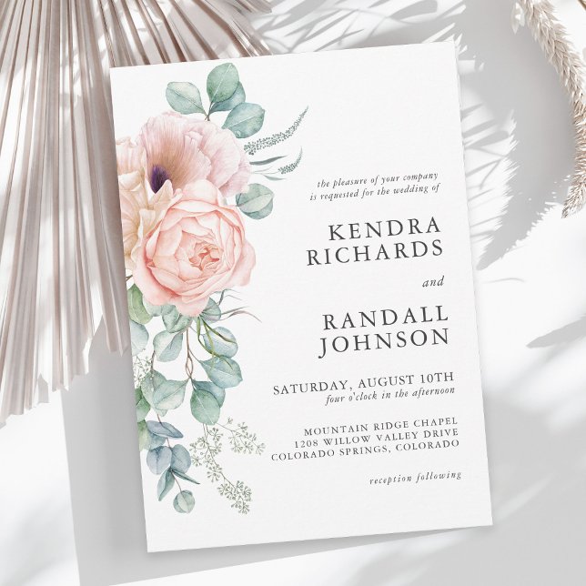 Peach and Pink Watercolor Floral Wedding Invitation (Available in printed and paperless digital download!)