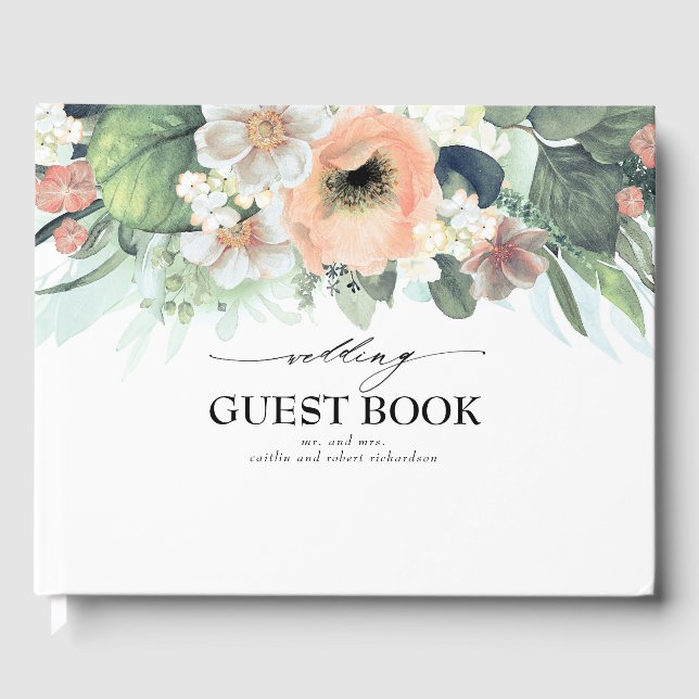 Peach and Pink Watercolor Flowers Wedding Guest Book (Front)