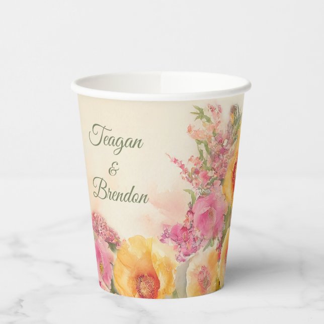 Peach And Pink Watercolor Wedding  Paper Cups (Left)