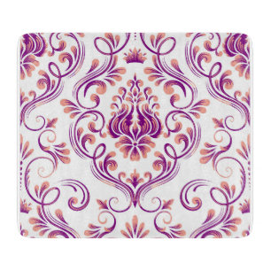 Peach and Purple Damask Floral Elegant Glass Cutting Board