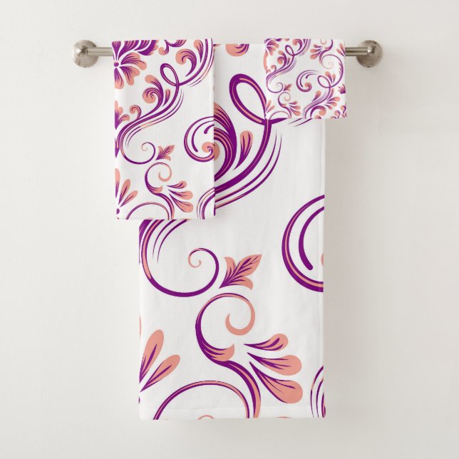 Peach and Purple Damask Floral Pattern Elegant Bath Towel Set (Insitu)