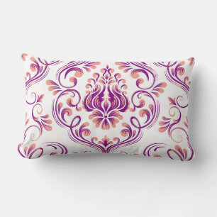 Peach and Purple Damask Floral Pattern Elegant Lumbar Cushion