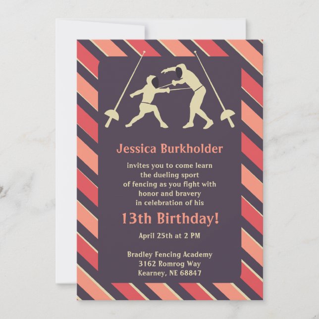 Peach and Purple Fencing Birthday Party Invitation (Front)