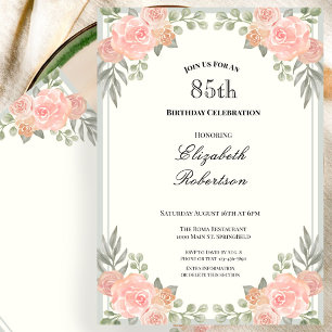 Peach and Sage Green Floral 85th Birthday Invitation
