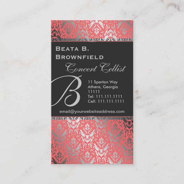 Peach and Silver Elegant Damask Pattern Business Card (Front)