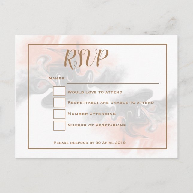 Peach and soft grey marble/Gold typography RSVP Postcard (Front)