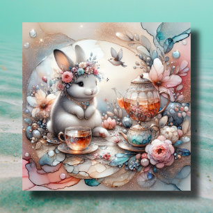 Peach And Teal Watercolor Bunny Easter Tea Party Holiday Card