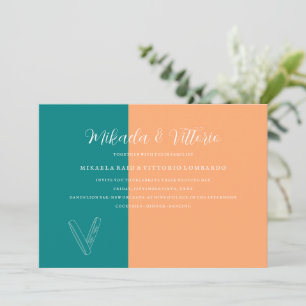 Peach and Teal  wedding Invitation
