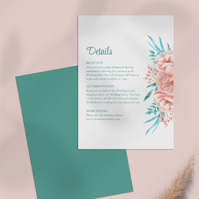 Peach and Turquoise Floral Wedding Details Card (Peach and Turquoise Floral Wedding Details Card on a pale pink table.)