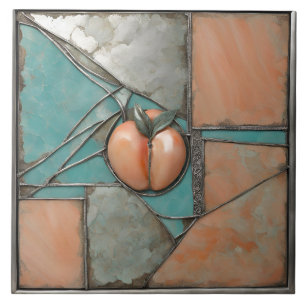 Peach and Turquoise metal art with silver Accents Tile