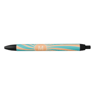 Peach and turquoise retro style sunburst design black ink pen