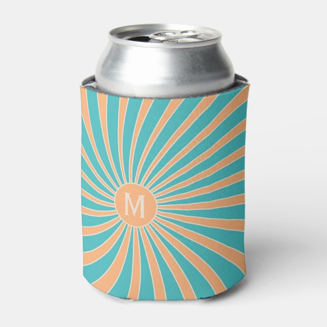 Peach and turquoise retro style sunburst design can cooler (Can Front)