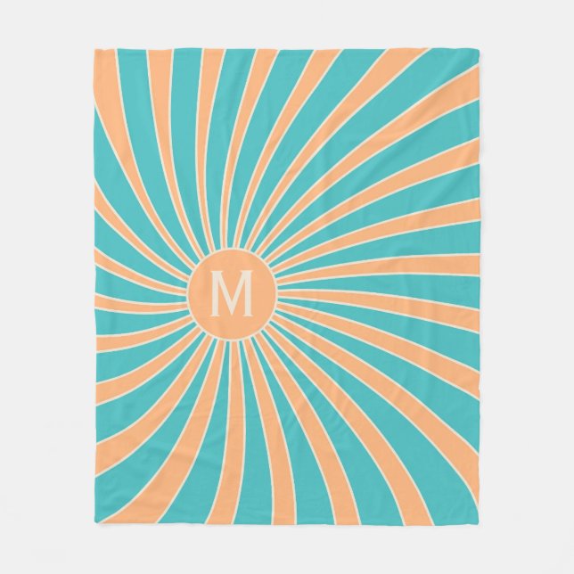 Peach and turquoise retro style sunburst design fleece blanket (Front)