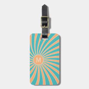 Peach and turquoise retro style sunburst design luggage tag