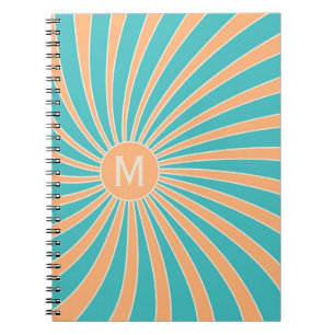Peach and turquoise retro style sunburst design notebook