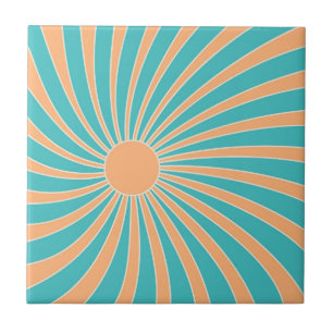 Peach and turquoise retro style sunburst design tile