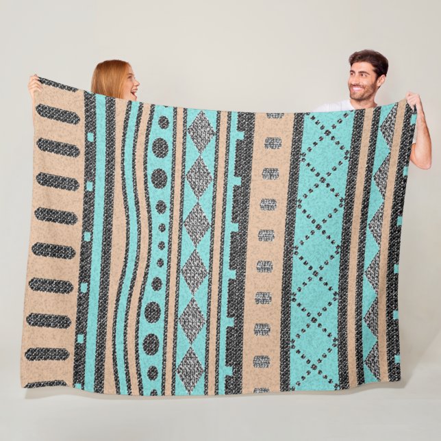 Peach And Turquoise Tribal Pattern Fleece Blanket (In Situ)