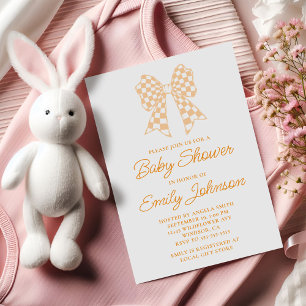 Peach and White Checker Bow Baby Shower Invitation