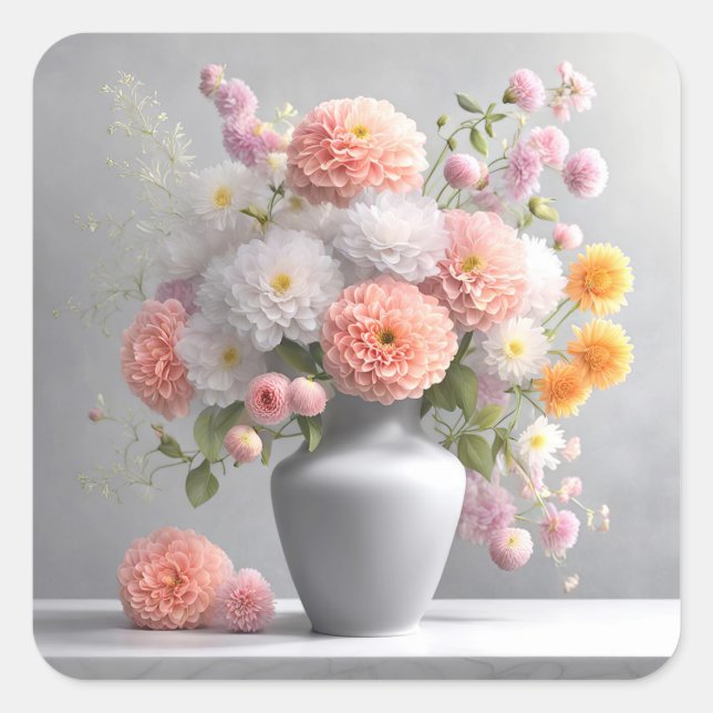 Peach and White Dahlia Bouquet Square Sticker (Front)