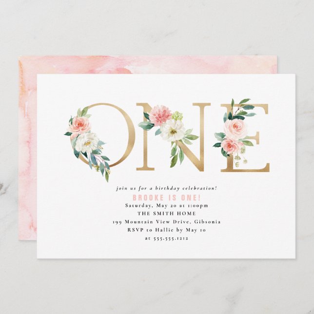 Peach and White Floral First Birthday Invitation (Front/Back)