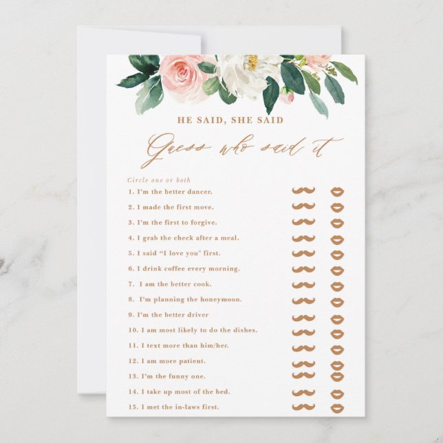 Peach and White Floral He Said, She Said Game Invitation (Front)
