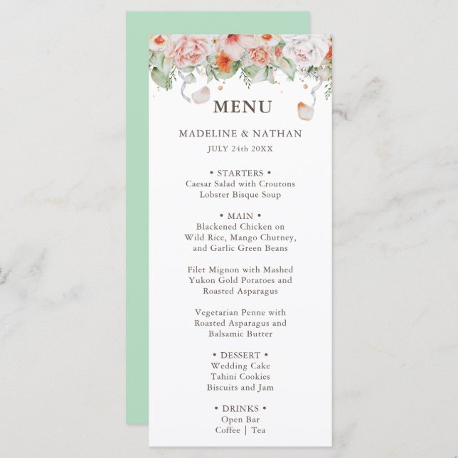 Peach and White Floral Wedding Dinner Menu (Front/Back)